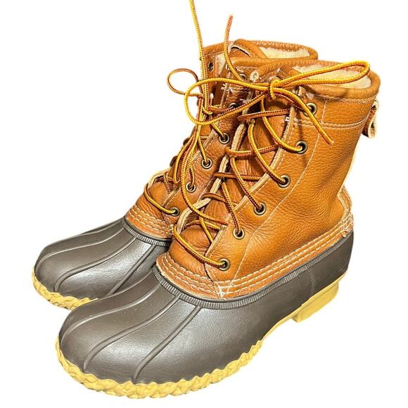 LL Bean Women's Sherpa Lined Brown Leather 8” Duck Bean Boots Tan Size 7 - Picture 1 of 8